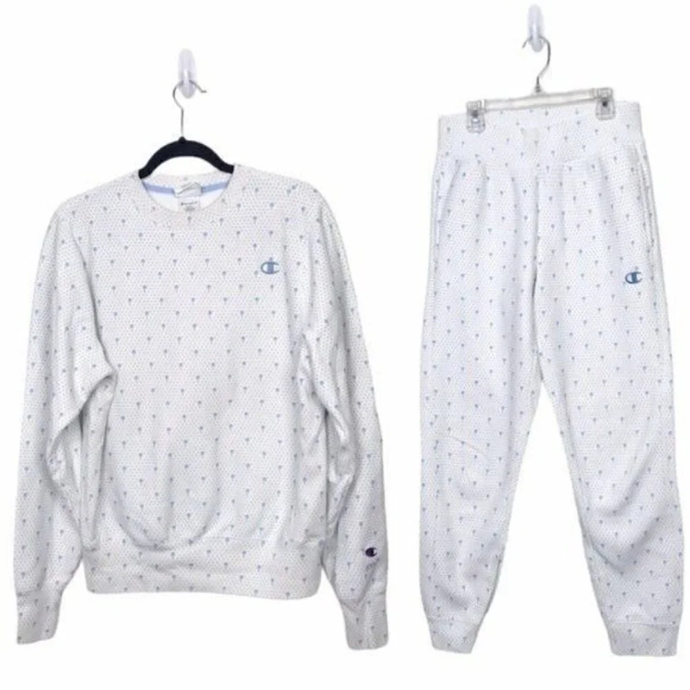Champion HVN White Blue Palm Tree Sweatsuit Sweats and Sweatshirt Set Small